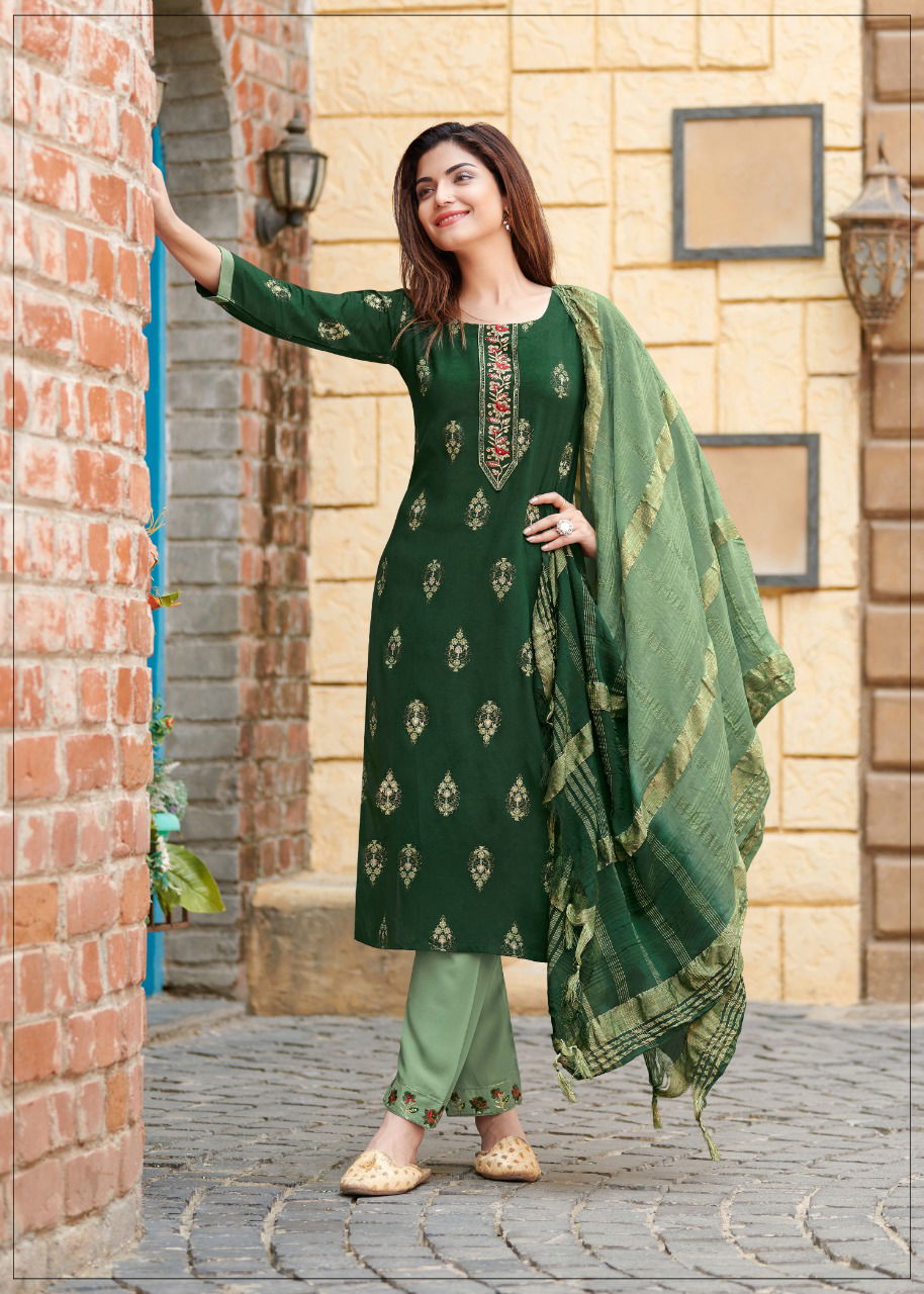 Rangjyot Rang Maya 3 Fancy Festive Wear Rayon Kurti Pant and Dupatta Readymade Collection